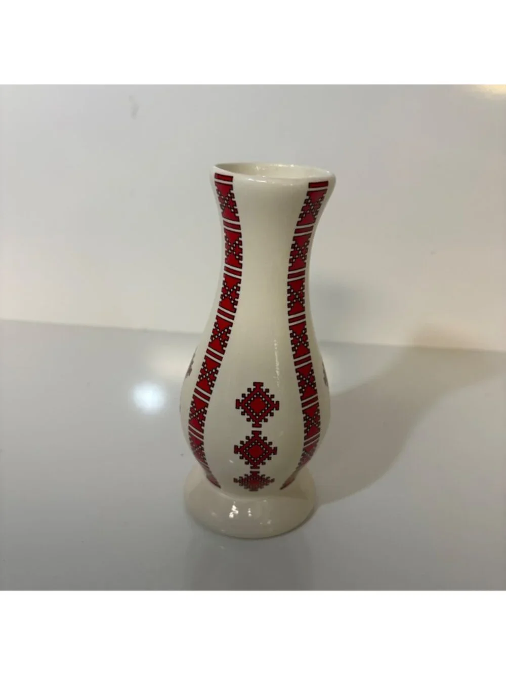 Ukrainian Ceramic Vase Red Embroidery Style Pattern 7 Inches Tall Made In Canada